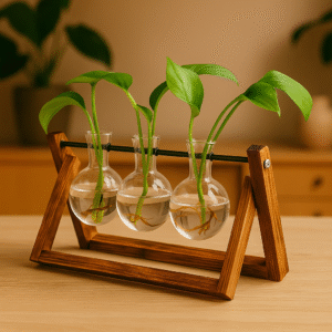 Conjunto Vaso Vidro Bulbo Com Suporte De Madeira Duplo