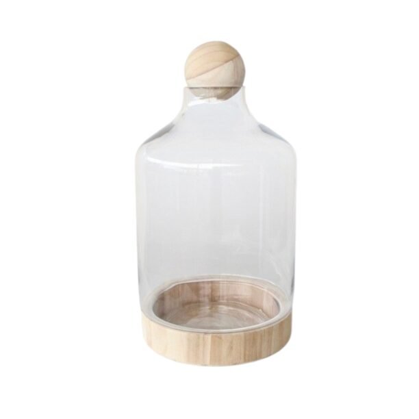 Vaso De Vidro C/base Madeira Decorativo Terrários