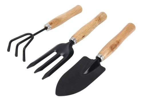Kit 3 Peças Jardinagem Pt 26cm Cabo Madeira Ancinho E Pá